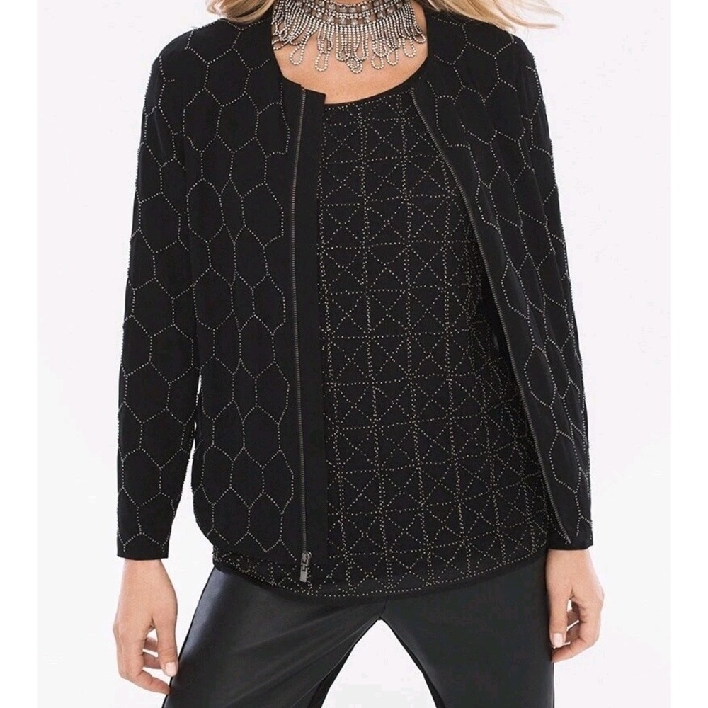 Chico's Beaded Full Zip Bomber‎ Jacket Black Silver Sequined Embellished Sz L/2